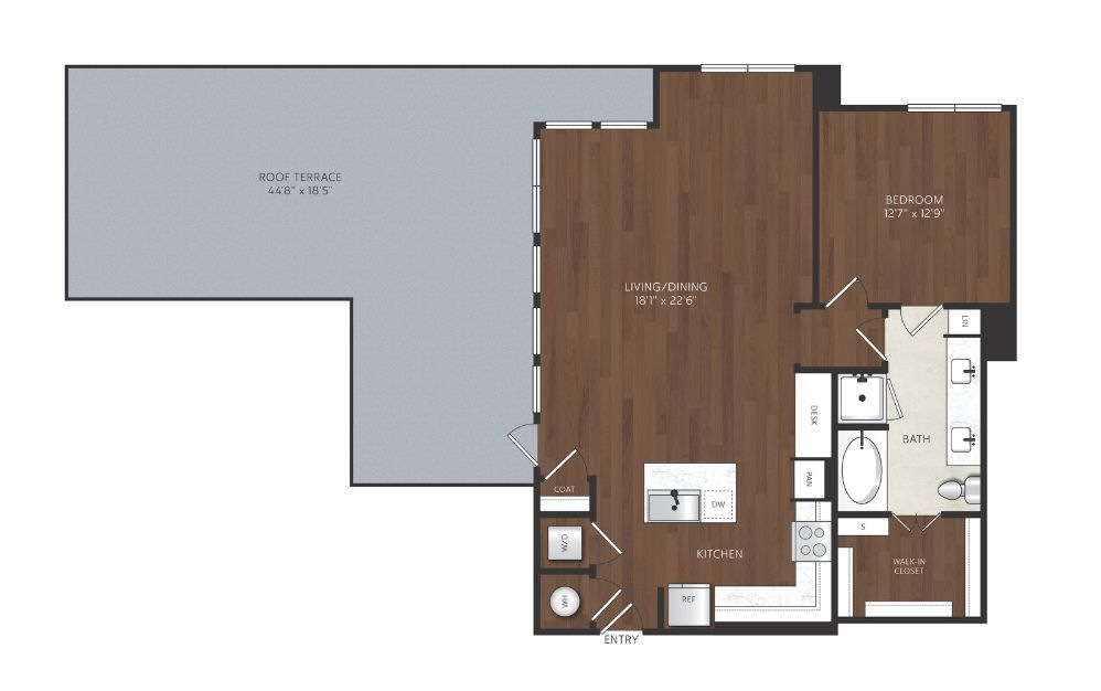 A19 - 1 bedroom floorplan layout with 1 bathroom and 1016 square feet one bedroom apartment with rooftop terrace