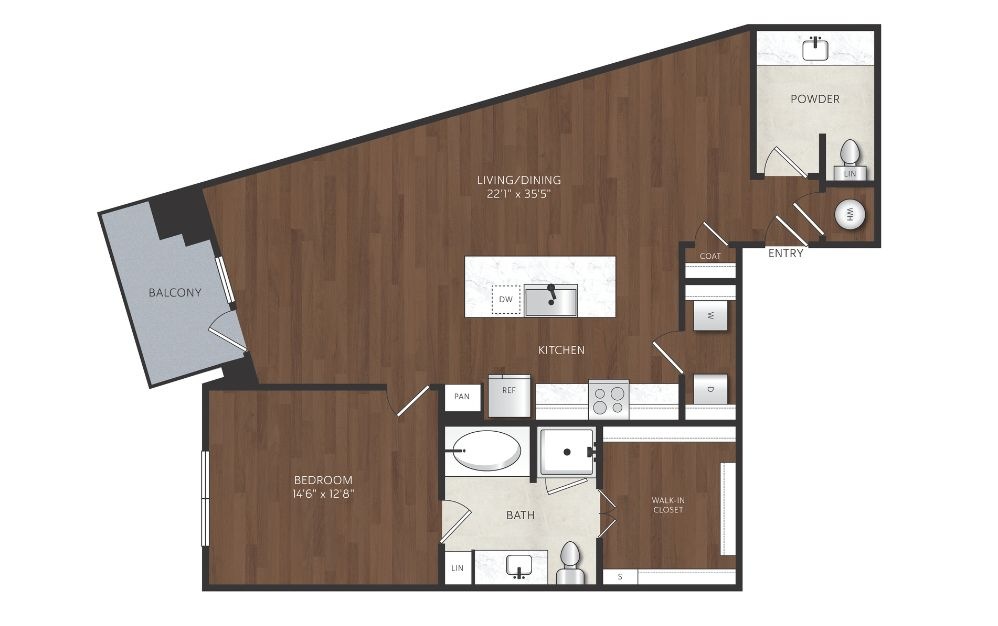 one bedroom apartment with powder bath