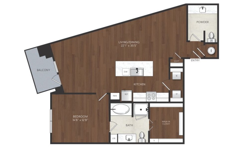 one bedroom apartment with powder bath