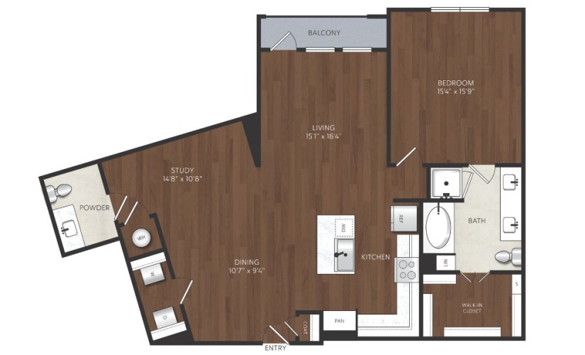 one bedroom apartment with a dining room and stufy