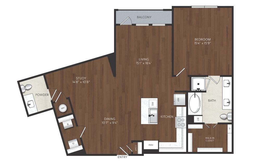 A21 - 1 bedroom floorplan layout with 1.5 bathroom and 1165 square feet one bedroom apartment with a dining room and stufy