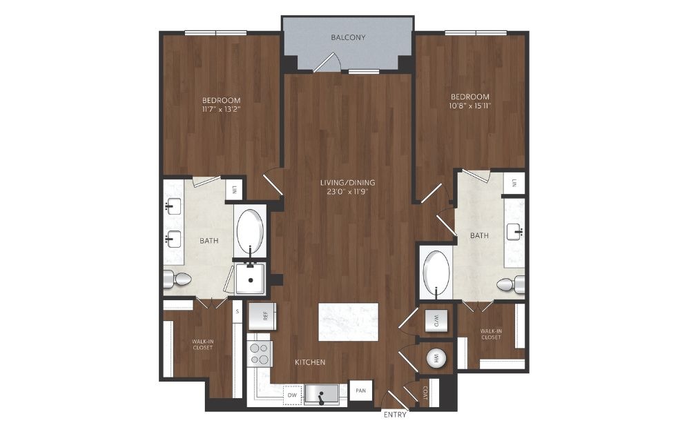 B1 - 2 bedroom floorplan layout with 2 bathrooms and 1155 square feet two bedroom two bath apartment