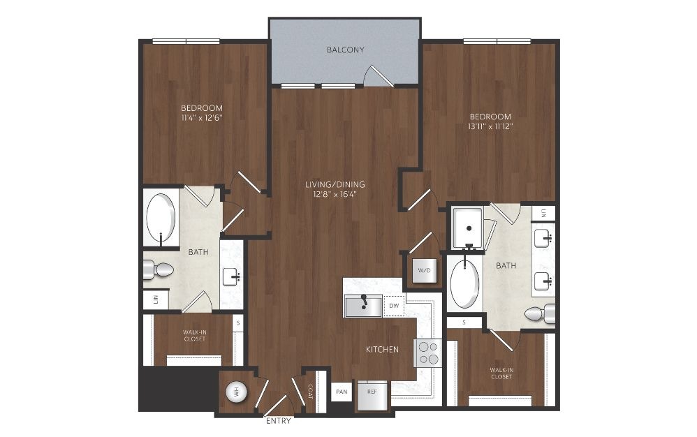 B2 - 2 bedroom floorplan layout with 2 bathrooms and 1162 square feet 2 bedroom apartment with a balcony