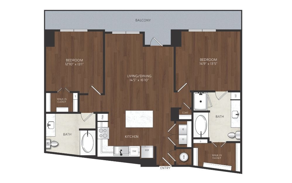 B3 - 2 bedroom floorplan layout with 2 bathrooms and 1169 square feet 2 bedroom apartment with oversized balcony