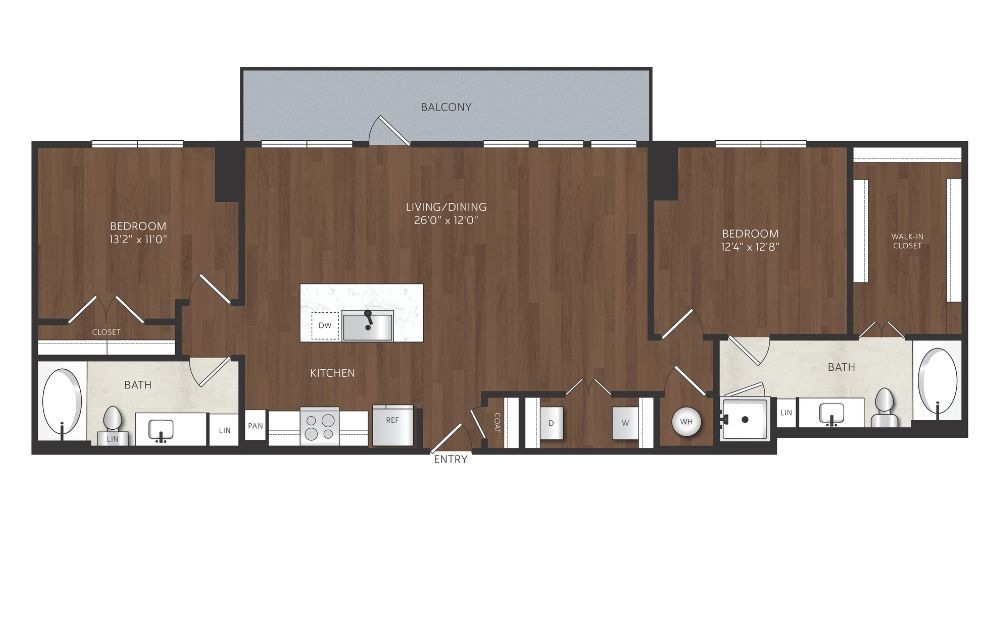 B4 - 1 bedroom floorplan layout with 1 bathroom and 1171 square feet 2 bedroom apartment with large living room and walk in closet