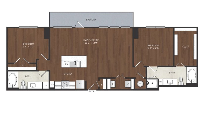 2 bedroom apartment with large living room and walk in closet