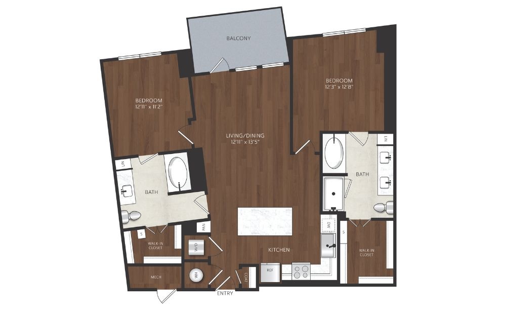 B5 - 2 bedroom floorplan layout with 2 bathrooms and 1186 square feet two bedroom apartment with large kitchen island