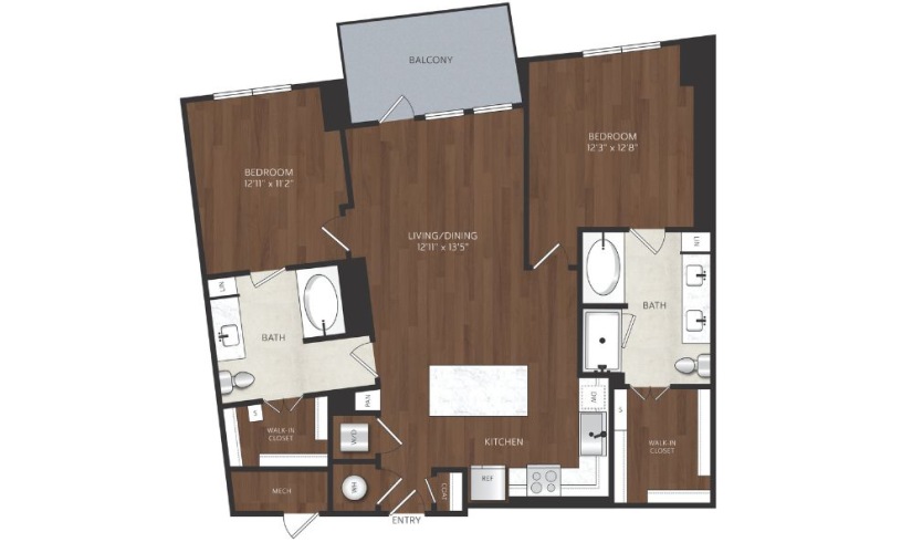 two bedroom apartment with large kitchen island