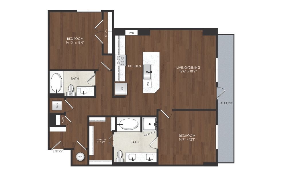 B6 - 2 bedroom floorplan layout with 2 bathrooms and 1212 square feet 2 bedroom apartment with large balcony