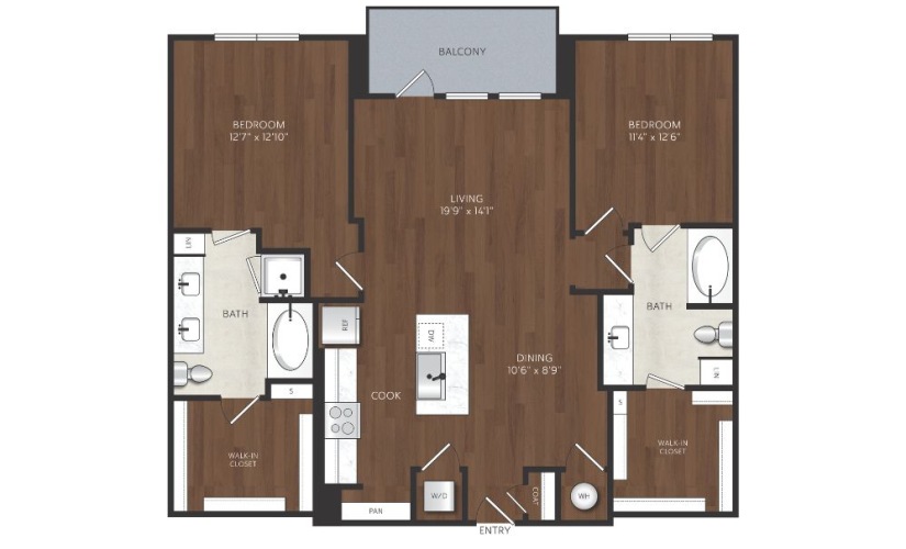 2 bedroom apartment with kitchen island and walk in closets