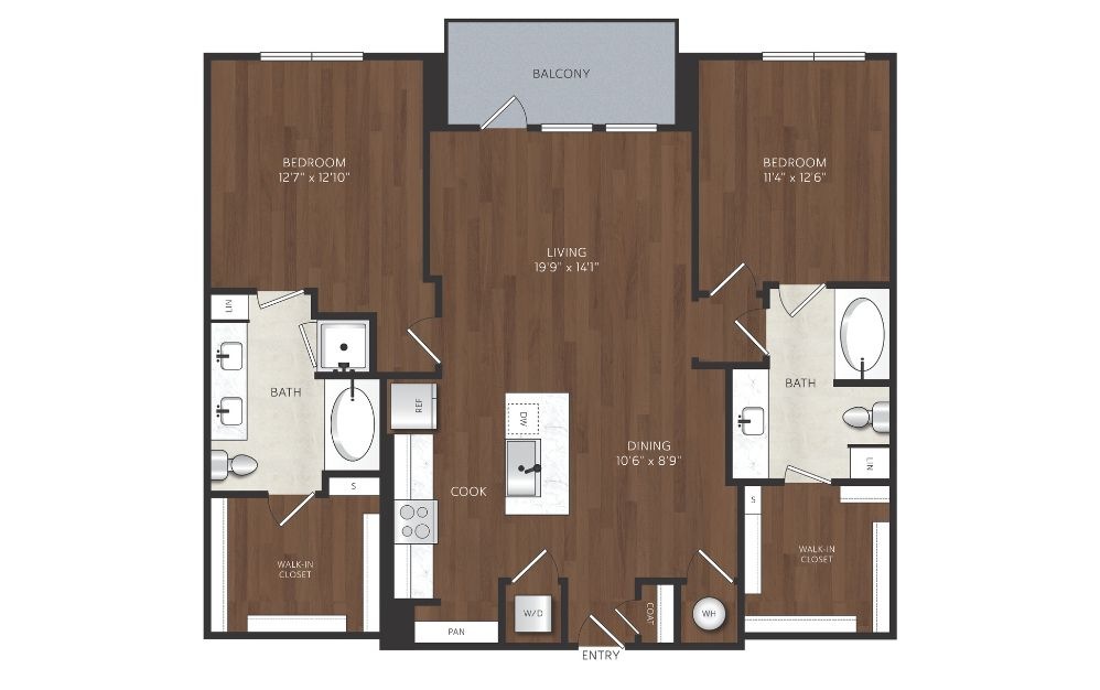 2 bedroom apartment with kitchen island and walk in closets