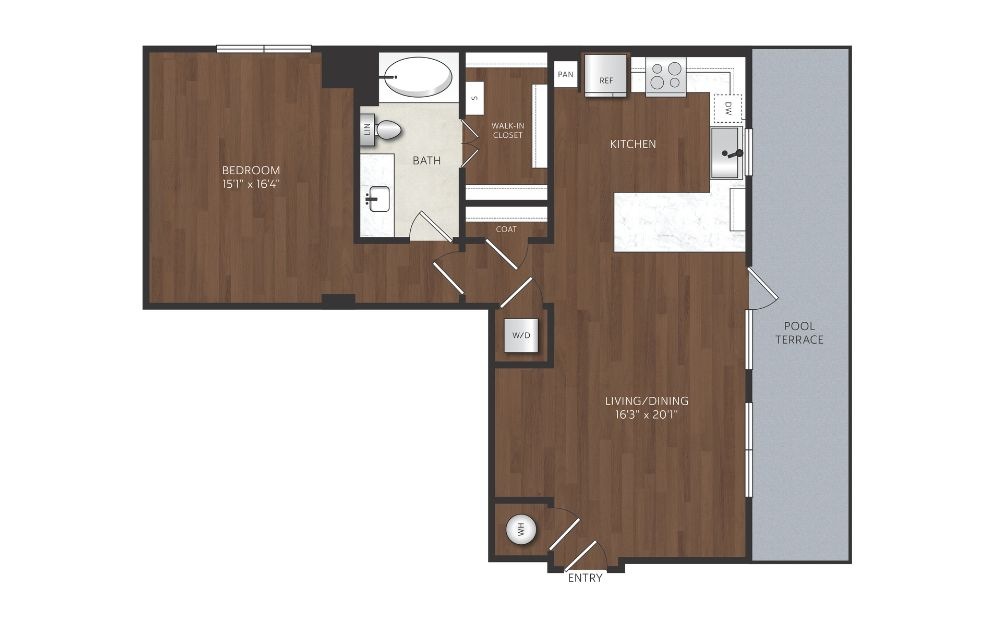 A11 - 1 bedroom floorplan layout with 1 bathroom and 872 square feet one bedroom apartment with large balcony