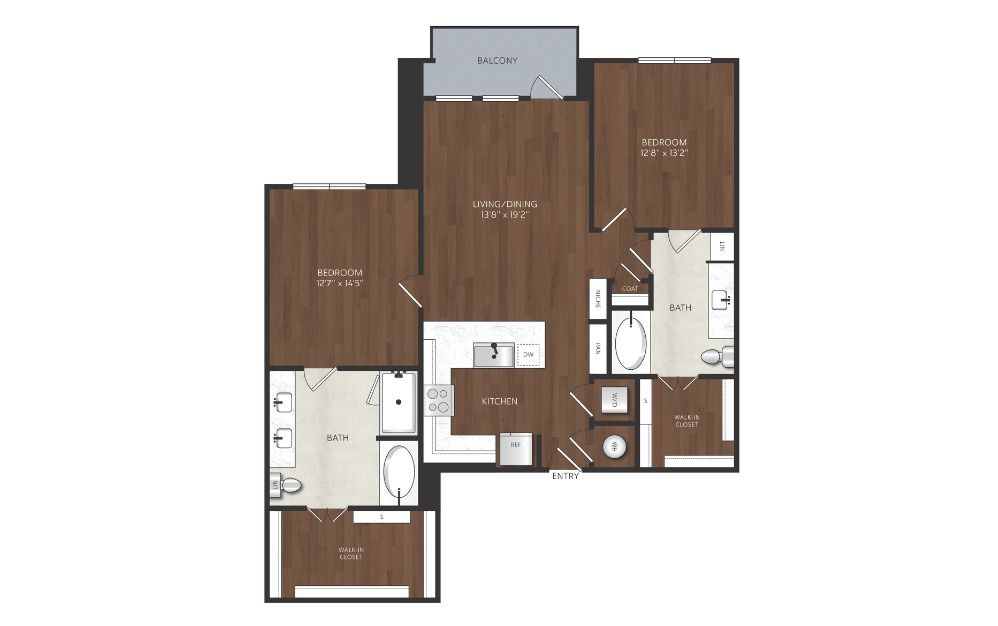 B8 - 2 bedroom floorplan layout with 2 bathrooms and 1231 square feet 2 bedroom apartment with large bathrooms