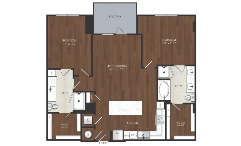 2 bedroom 2 bathroom apartment with kitchen island