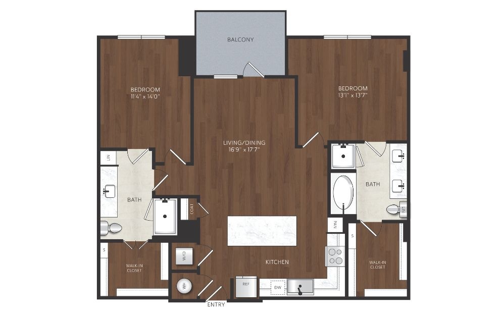 B9 - 2 bedroom floorplan layout with 2 bathrooms and 1253 square feet 2 bedroom 2 bathroom apartment with kitchen island