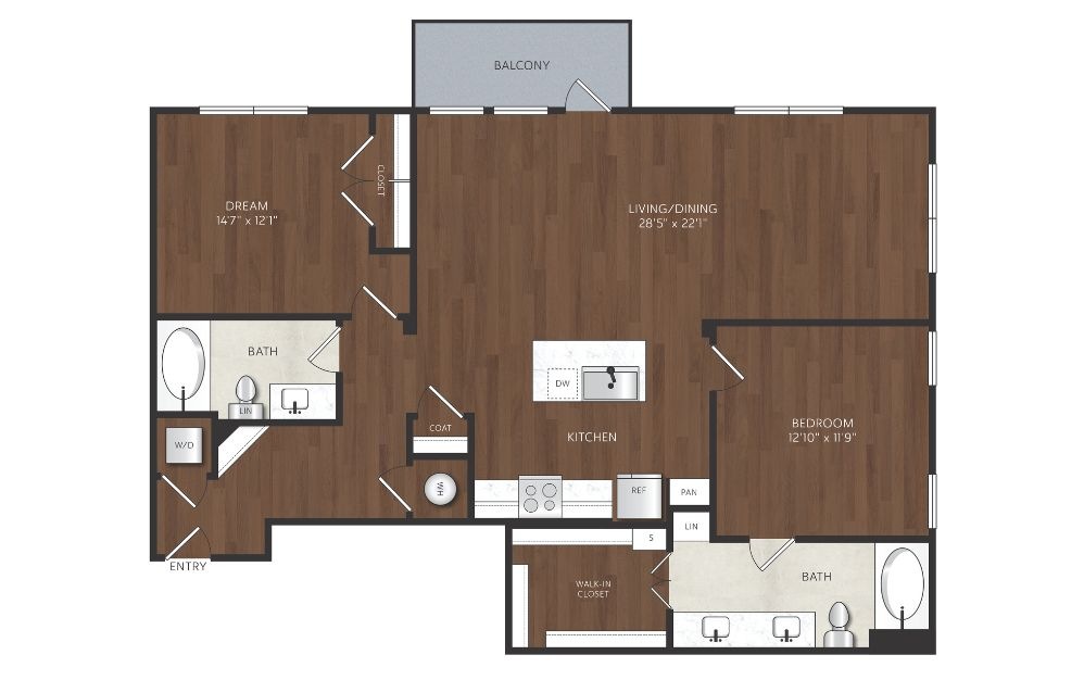 B10 - 2 bedroom floorplan layout with 2 bathrooms and 1255 square feet 2 bedroom apartment with oversized living room