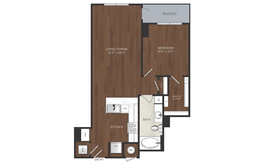 A2 - 1 bedroom floorplan layout with 1 bathroom and 756 square feet One bedroom apartment with balcony