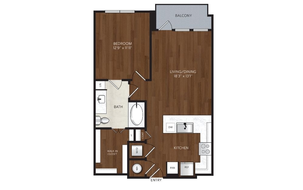 A3 - 1 bedroom floorplan layout with 1 bathroom and 773 square feet one bedroom apartment with balcony