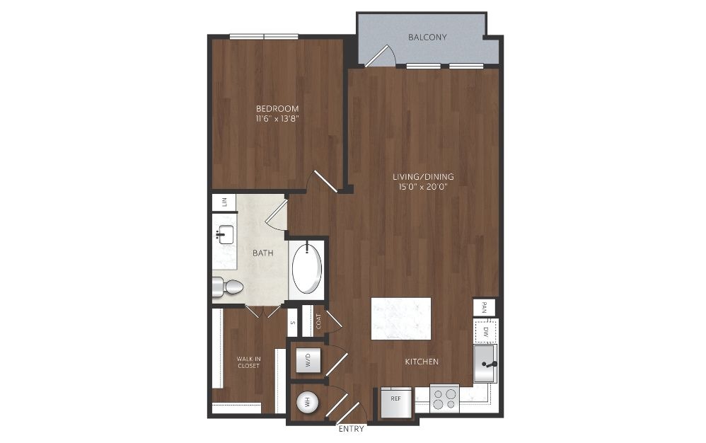 A5 - 1 bedroom floorplan layout with 1 bathroom and 811 square feet one bedroom apartment with walk in closet