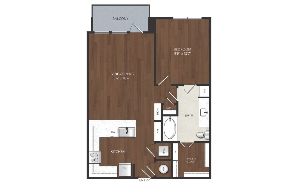 A6 - 1 bedroom floorplan layout with 1 bathroom and 807 square feet 1 bedroom 1 bath apartment in uptown dallas