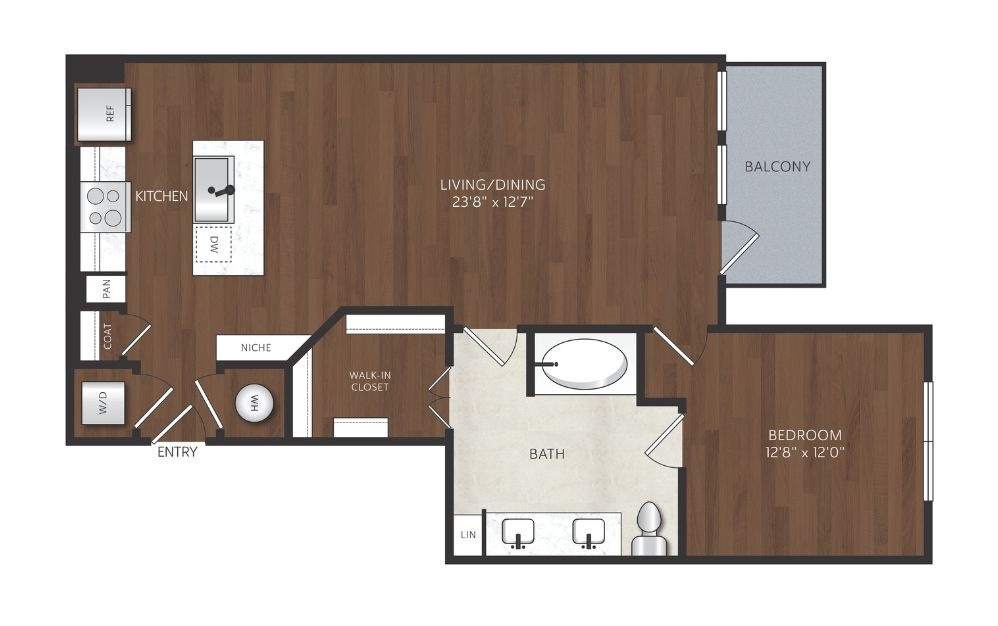 A7 - 1 bedroom floorplan layout with 1 bathroom and 847 square feet one bedroom apartment with large living area