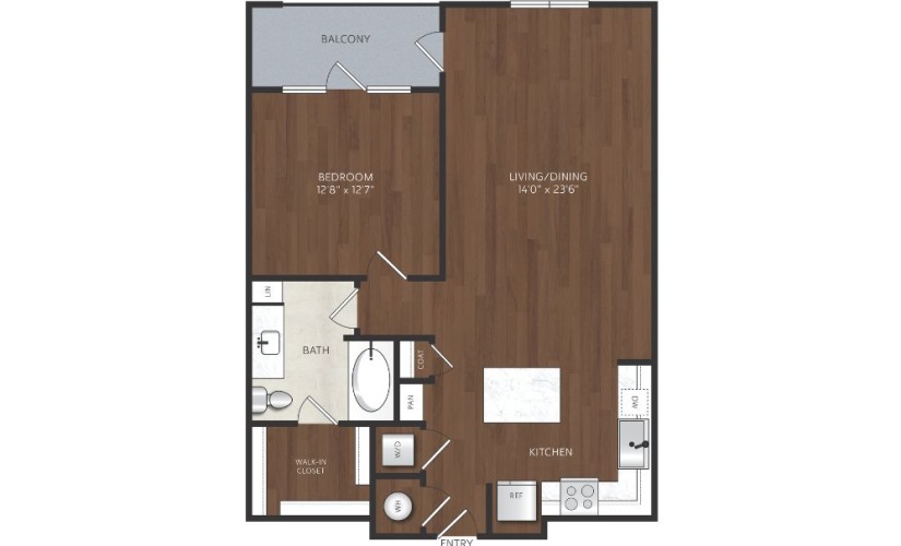 one bedroom apartment with kitchen island and balcony