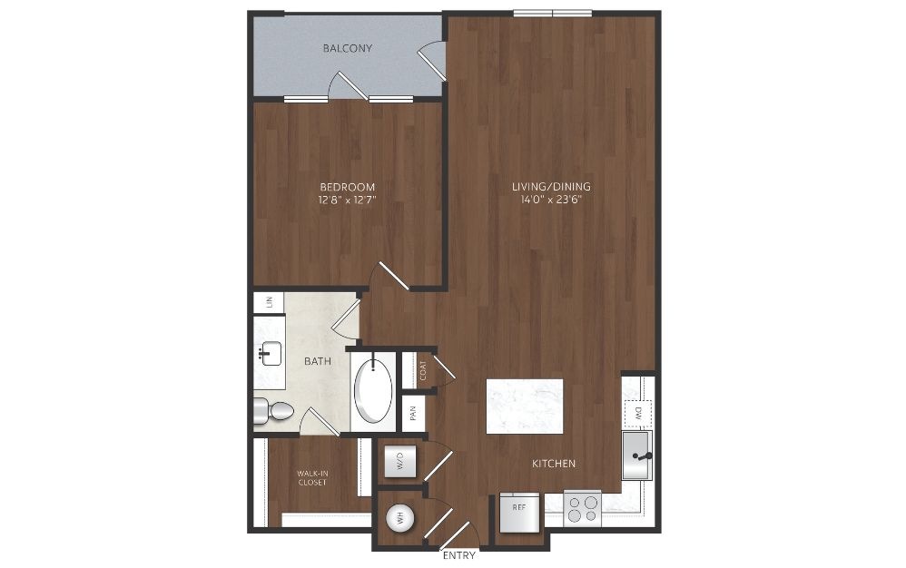 A8 - 1 bedroom floorplan layout with 1 bathroom and 864 square feet one bedroom apartment with kitchen island and balcony