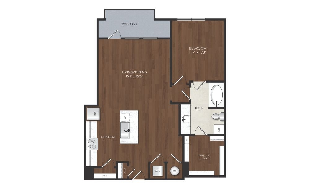 A12 - 1 bedroom floorplan layout with 1 bathroom and 873 - 897 square feet Large one bedroom apartment