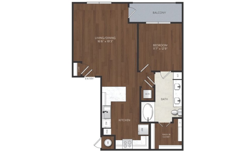 One bedroom apartment with large bathroom and dual sink vanity