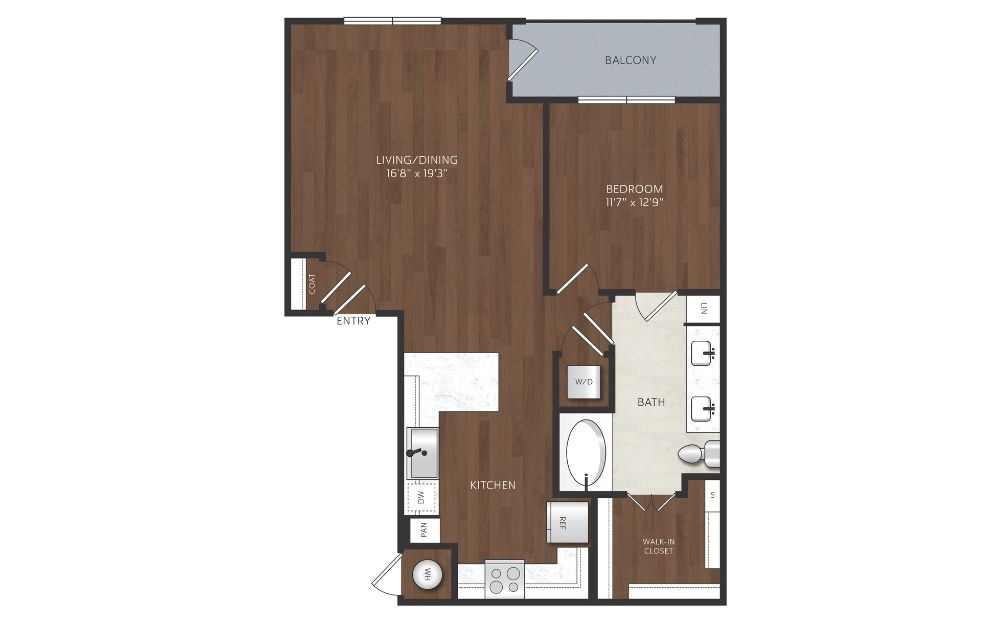 A9 - 1 bedroom floorplan layout with 1 bathroom and 865 square feet One bedroom apartment with large bathroom and dual sink vanity