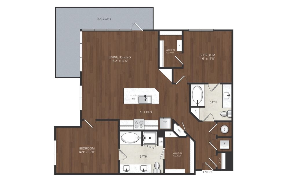 B11 - 2 bedroom floorplan layout with 2 bathrooms and 1267 square feet 2 bedroom apartment with corner balcony