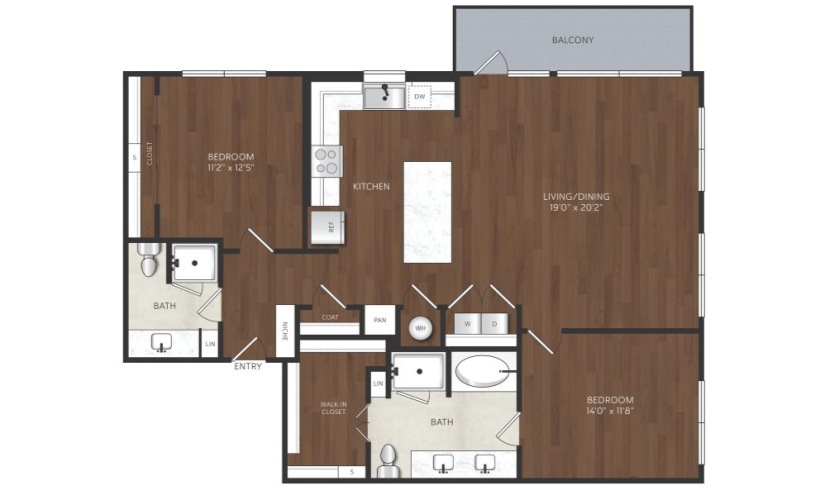 2 bedroom apartment with large kitchen islan