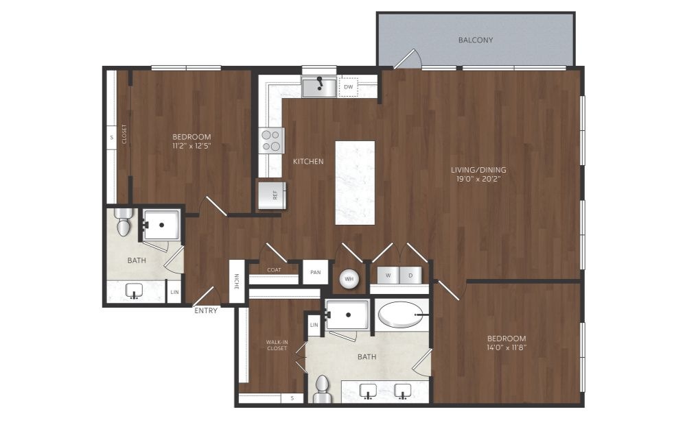 B13 - 2 bedroom floorplan layout with 2 bathrooms and 1309 square feet 2 bedroom apartment with large kitchen islan