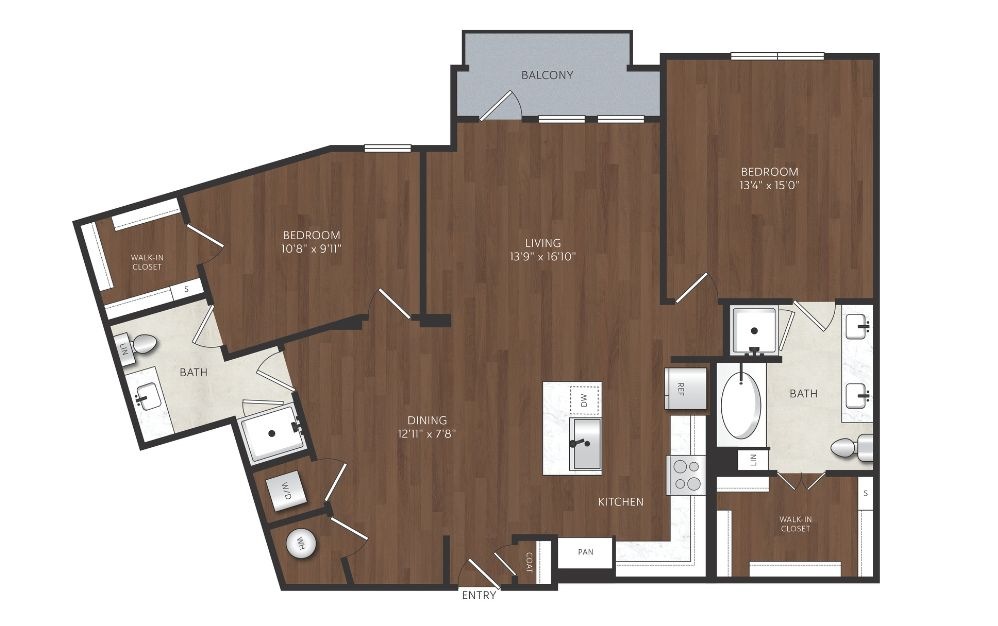 B14 - 2 bedroom floorplan layout with 2 bathrooms and 1309 square feet 2 bedroom apartment with large dining room