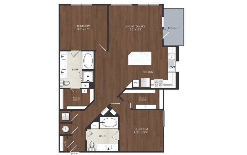 B15 - 2 bedroom floorplan layout with 2 bathrooms and 1315 square feet 2 bedroom apartment with kitchen island and balcony