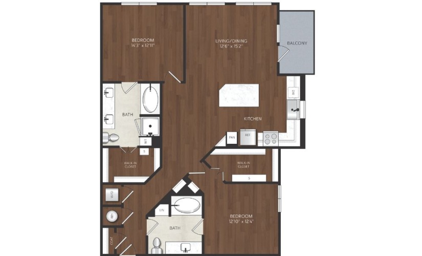 2 bedroom apartment with kitchen island and balcony