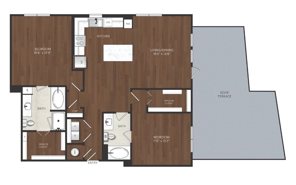 B16 - 2 bedroom floorplan layout with 2 bathrooms and 1330 square feet 2 bedroom apartment with roof terrace