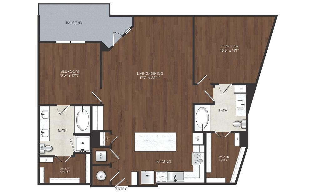 B17 - 2 bedroom floorplan layout with 2 bathrooms and 1349 square feet two bedroom apartment with walk in closets