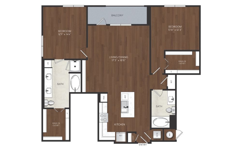 B18 - 2 bedroom floorplan layout with 2 bathrooms and 1352 square feet 2 bedroom 2 bath apartment with balcony
