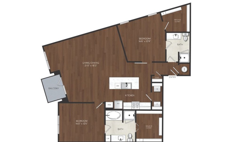 2 bedroom apartment with walk in closets