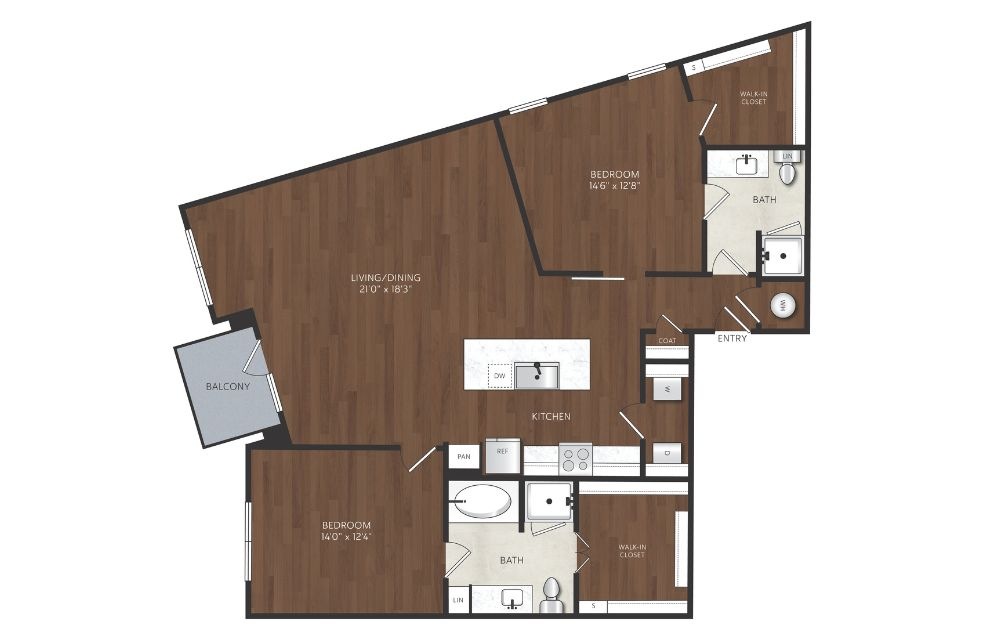 B20 - 2 bedroom floorplan layout with 2 bathrooms and 1417 square feet 2 bedroom apartment with walk in closets