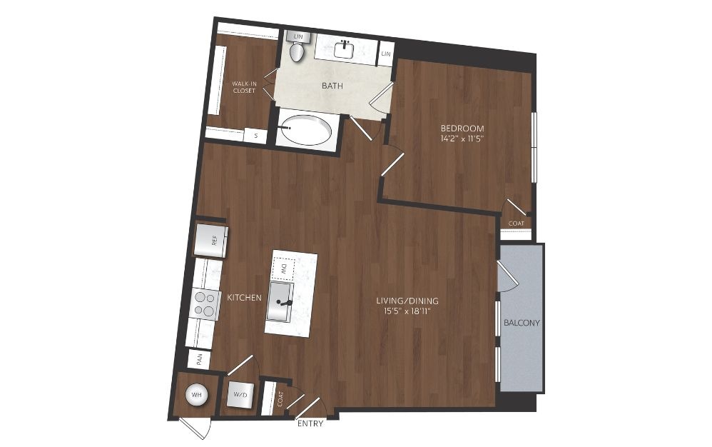 A13 - 1 bedroom floorplan layout with 1 bathroom and 891 square feet One bedroom apartment with kitchen island
