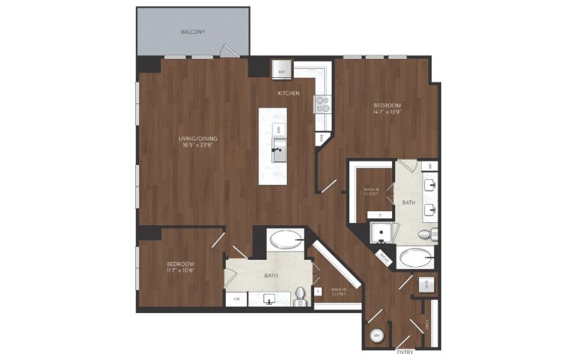 2 bedroom apartment with large kitchen island