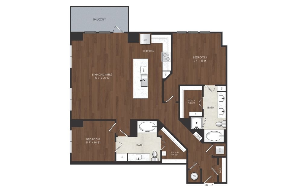B21 - 2 bedroom floorplan layout with 2 bathrooms and 1443 square feet 2 bedroom apartment with large kitchen island