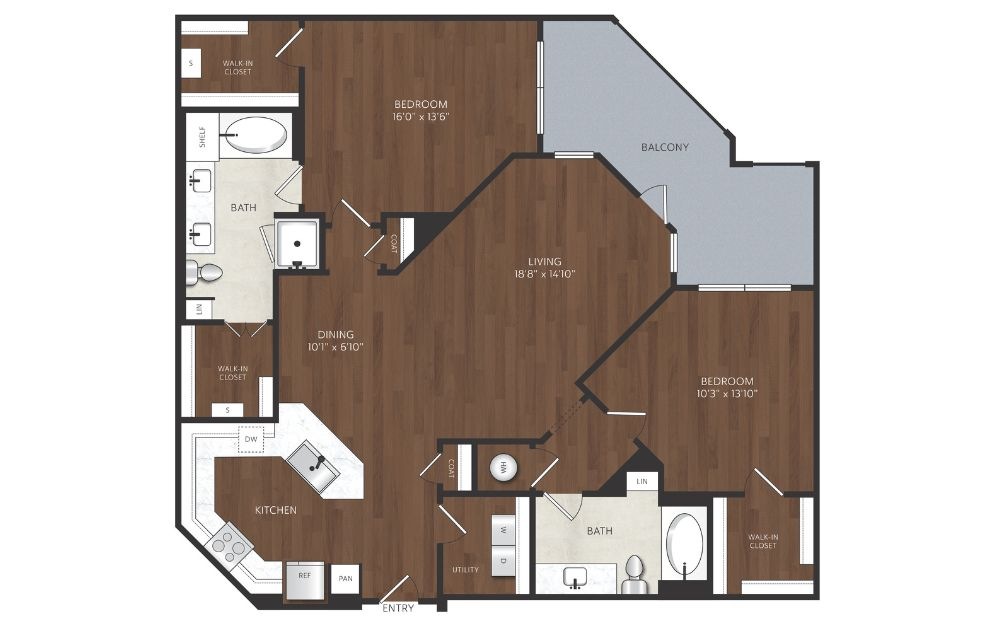 B22 - 2 bedroom floorplan layout with 2 bathrooms and 1464 square feet large 2 bedroom apartment with oversized bathroom