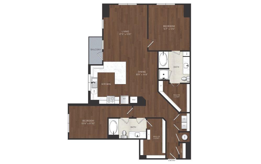 B23 - 2 bedroom floorplan layout with 2 bathrooms and 1470 square feet two bed two bath apartment in uptown dallas