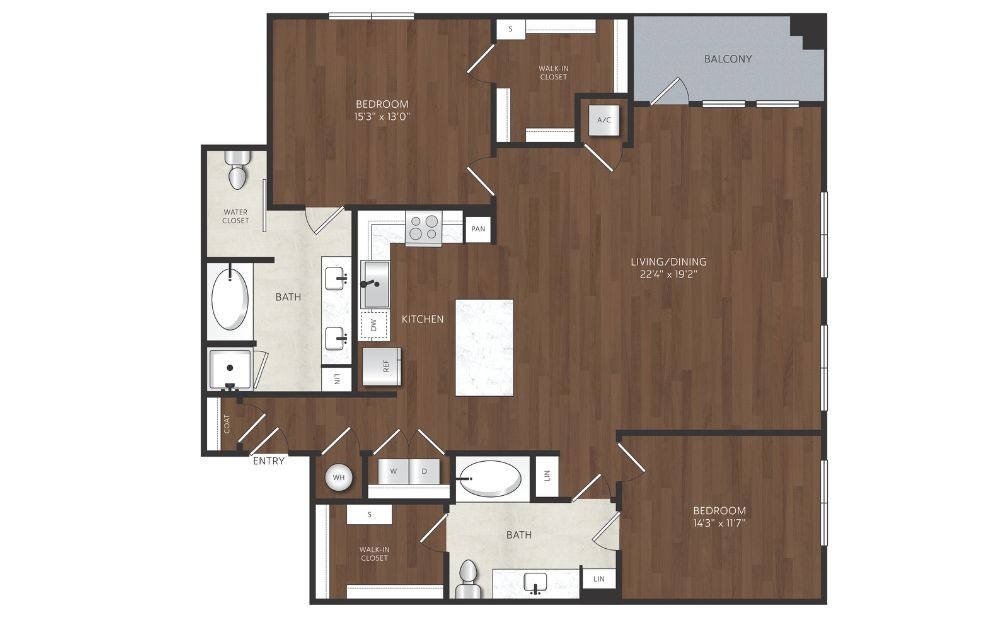 B24 - 2 bedroom floorplan layout with 2 bathrooms and 1492 square feet 2 bedroom apartment with large living room