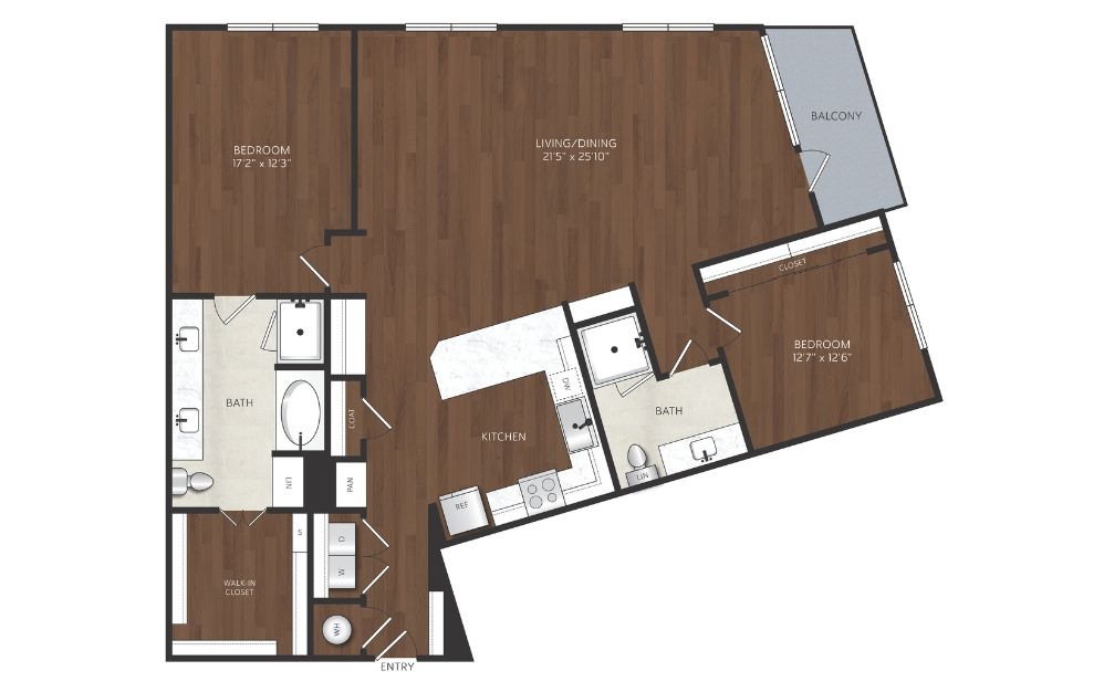 B25 - 2 bedroom floorplan layout with 2 bathrooms and 1495 square feet a large two bedroom apartment in uptown dallas