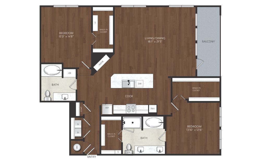 B26 - 2 bedroom floorplan layout with 2 bathrooms and 1523 square feet two bedroom apartment with additional closet