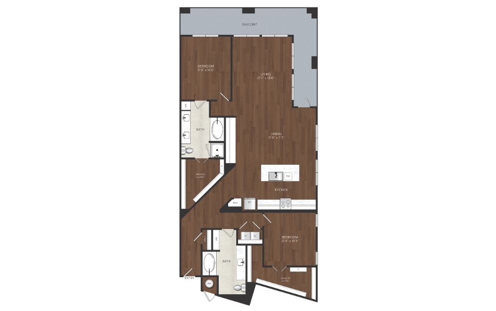 B28 - 2 bedroom floorplan layout with 2 bathrooms and 1667 square feet large two bedroom apartment with oversized balcony